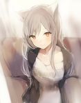  animal_ears blush brown_eyes cardigan cat_ears closed_mouth commentary_request couch dress eyebrows grey_hair highres light_smile long_hair lpip on_couch open_cardigan open_clothes original sitting smile white_dress 