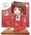  artist_name blush brown_eyes brown_hair cup cutting_board drinking_glass english eyebrows_visible_through_hair followers grey_hat hat jacy jewelry kantai_collection long_sleeves looking_at_viewer necklace open_mouth red_background ribbon ryuujou_(kantai_collection) short_hair shot_glass smile solo text_focus twintails visor_cap white_ribbon 
