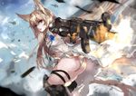  aircraft airplane animal_ears assault_rifle blonde_hair blue_eyes cyborg fighter_jet firing g41_(girls_frontline) girls_frontline gun h&amp;k_g41 heckler_&amp;_koch heterochromia highres jet long_hair md5_mismatch mechanical_arms mechanical_leg military military_vehicle panties pantyshot red_eyes rifle solo thigh_strap underwear vardan weapon white_panties 