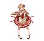  :d ankle_ribbon apron asuna_(sao) blush bow breasts brown_eyes brown_hair cleavage collarbone dress floating_hair frilled_dress frills full_body gift_bag hair_bow hair_ribbon heart incoming_gift long_hair looking_at_viewer maid_headdress medium_breasts official_art open_mouth red_ribbon ribbon short_dress simple_background smile solo standing striped striped_ribbon sword_art_online sword_art_online:_code_register very_long_hair white_background 
