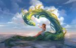 2018 blue_eyes detailed_background digital_media_(artwork) dragon duo female feral human leaf_dragon mammal partially_submerged sandara sitting water 