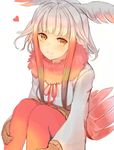  ancolatte_(onikuanco) blonde_hair breasts brown_hair closed_mouth eyebrows_visible_through_hair frilled_sleeves frills head_tilt head_wings heart japanese_crested_ibis_(kemono_friends) kemono_friends long_hair long_sleeves looking_at_viewer medium_breasts multicolored_hair orange_eyes pantyhose red_hair red_legwear shirt silver_hair simple_background sitting smile solo tail white_background white_shirt 