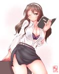  alternate_costume ashigara_(kantai_collection) book bracelet breasts brown_eyes brown_hair cleavage desk formal hairband highres holding holding_book jewelry kanon_(kurogane_knights) kantai_collection large_breasts long_hair looking_at_viewer miniskirt no_legwear one_eye_closed open_clothes open_shirt panties pantyshot pencil_skirt shirt skirt skirt_suit smile solo suit teacher underwear wavy_hair 