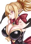  arms_behind_back bare_shoulders blonde_hair bow breasts cleavage collarbone disgaea dress earrings elbow_gloves gloves jewelry large_breasts long_hair makai_senki_disgaea_2 pointy_ears ponytail red_eyes rozalin short_hair simple_background solo tomiokasena white_background 