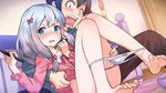  1girl aqua_eyes bare_legs barefoot bedroom black_hair blue_eyes blush bow bow_panties brother_and_sister collarbone commentary_request eromanga_sensei feet holding_stylus izumi_masamune izumi_sagiri long_hair long_legs long_sleeves no_pants nose_blush open_mouth pajamas pajamas_pull panties panty_pull screaming siblings silver_hair sitting spread_legs surprised sweat tabobox teeth underwear white_panties 