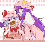  bat_wings blue_hair chair commentary_request crescent doughnut eating eichi_yuu finger_to_another's_face food food_on_face hat long_hair mob_cap multiple_girls one_eye_closed patchouli_knowledge pink_hat purple_eyes purple_hair red_eyes remilia_scarlet short_hair sitting smile table touhou wings wiping_face 