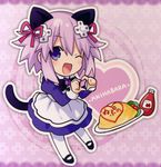  absurdres animal_ears apron cat_ears cat_tail d-pad d-pad_hair_ornament food hair_ornament heart highres maid neptune_(choujigen_game_neptune) neptune_(series) official_art omelet one_eye_closed open_mouth purple_eyes purple_hair short_hair smile solo source_request tail tsunako 