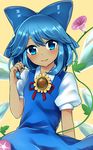  blue_dress blue_eyes blue_hair blush cirno dress flower hidden_star_in_four_seasons holding holding_hair ice ice_wings leaf looking_at_viewer mio1030 plant solo sunflower tan tanned_cirno touhou vines wings 