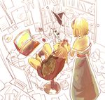  alice_margatroid bad_id bad_pixiv_id blonde_hair book bookshelf bow braid capelet chair computer controller cup desk dress game_controller hair_bow hat hat_removed headwear_removed highres indoors kirisame_marisa lamp laptop menbou_(nonnontako) mug multiple_girls short_hair sitting touhou witch_hat yellow_eyes 