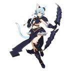  animal_ears armor armored_boots arrow black_footwear black_ribbon blue_eyes blue_hair boots bow_(weapon) breasts cat_ears cat_tail cleavage full_body gauntlets hair_between_eyes hair_ribbon holding holding_arrow holding_weapon knee_boots looking_at_viewer medium_breasts midriff navel official_art one_eye_closed ribbon short_hair_with_long_locks shoulder_armor sidelocks simple_background sinon sinon_(sao-alo) smile solo spaulders standing stomach sword_art_online sword_art_online:_code_register tail underwear weapon white_background 