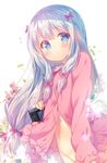  blue_eyes blush bow commentary_request eromanga_sensei eyebrows_visible_through_hair hair_bow izumi_sagiri long_hair long_sleeves looking_at_viewer mitsumomo_mamu no_panties pink_bow silver_hair solo 