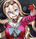 barbed_wire blonde_hair blue_eyes blush breasts candle candle_wax choker cleavage collarbone commentary_request danganronpa fingerless_gloves gloves goggles goggles_on_head hair_between_eyes iruma_miu large_breasts long_hair long_sleeves looking_at_viewer neckerchief new_danganronpa_v3 o-ring o-ring_top ogino_atsuki open_mouth school_uniform serafuku solo sweat upper_body very_long_hair wavy_mouth 
