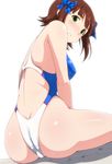  amami_haruka ass bangs blush bow breasts brown_hair competition_swimsuit dimples_of_venus from_behind green_eyes highres idolmaster idolmaster_(classic) one-piece_swimsuit one-piece_thong open_mouth sitting solo swimsuit teeth tengu_(tetuo_kun) wariza wet 