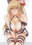  bangs bare_shoulders black_bow black_skirt blonde_hair blush bow breasts brown_eyes cleavage collarbone flower gachou granblue_fantasy hair_bow hair_flower hair_ornament halterneck hibiscus large_breasts leaning_forward long_hair looking_at_viewer navel parted_lips ponytail red_bow sitting skirt smile solo sweat v_arms vira_lilie wet wet_hair 