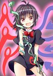  :d aki_chimaki antenna_hair ass_visible_through_thighs bangs black_dress black_hair blue_wings bow bowtie cowboy_shot dress eyebrows_visible_through_hair fang holding houjuu_nue looking_at_viewer open_mouth red_bow red_eyes red_neckwear red_wings short_dress short_sleeves smile snake solo standing touhou wings 