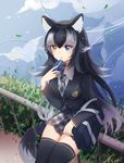  animal_ears bag black_hair black_legwear blue_eyes blush breasts fur_collar grey_wolf_(kemono_friends) heterochromia highres kemono_friends long_hair long_sleeves looking_at_viewer medium_breasts multicolored_hair necktie open_mouth school_uniform shie_(s_8000) skirt solo symbol-shaped_pupils tail thighhighs two-tone_hair water wolf_ears wolf_tail yellow_eyes 