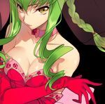  alternate_costume alternate_hairstyle bangs bare_shoulders black_background braid breasts c.c. choker code_geass collarbone creayus dress drill_hair elbow_gloves eyebrows_visible_through_hair floral_print from_above gloves green_hair hair_tie lips long_hair looking_at_viewer looking_up medium_breasts parted_lips pink_choker pink_lips red_dress red_gloves see-through shiny shiny_hair shiny_skin sidelocks simple_background single_braid smile solo strapless strapless_dress tsurime upper_body veil yellow_eyes 