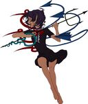  asymmetrical_wings bangs barefoot black_dress black_hair breasts dress egawa_satsuki fang full_body hips holding holding_weapon houjuu_nue legs looking_to_the_side open_mouth pointy_ears polearm sharp_teeth short_dress short_hair short_sleeves simple_background small_breasts snake solo teeth touhou trident weapon white_background wings 