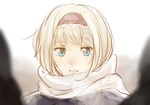  alice_margatroid bad_id bad_pixiv_id bangs blonde_hair blue_eyes bow breath hair_bow menbou_(nonnontako) parted_lips portrait scarf short_hair solo touhou 