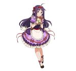  ahoge ankle_ribbon apron box dress floating_hair frilled_dress frills full_body gift gift_box hairband holding long_hair looking_at_viewer official_art pointy_ears purple_hair red_eyes red_hairband ribbon short_sleeves simple_background smile solo standing striped striped_ribbon sword_art_online sword_art_online:_code_register very_long_hair white_apron white_background wrist_cuffs yuuki_(sao) 