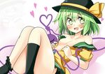  aki_chimaki bangs bare_shoulders black_hat black_legwear blush bow breasts collarbone eyebrows_visible_through_hair green_eyes green_hair green_skirt hair_between_eyes hat hat_bow heart heart-shaped_pupils heart_of_string kneehighs komeiji_koishi looking_at_viewer lying no_panties off_shoulder on_back open_clothes open_mouth short_hair skirt small_breasts smile symbol-shaped_pupils touhou yellow_bow 