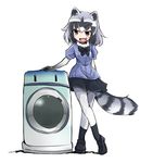  animal_ears black_hair bow bowtie commentary common_raccoon_(kemono_friends) gloves kemono_friends lucky_beast_(kemono_friends) multicolored_hair open_mouth pantyhose raccoon_ears raccoon_tail shiuhito_(saihate) short_hair short_sleeves skirt smile tail washing_machine 