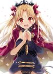  asymmetrical_clothes bangs blonde_hair blush cape earrings ereshkigal_(fate/grand_order) eretto fate/grand_order fate_(series) gold_trim hair_ribbon hands_clasped jewelry long_hair looking_at_viewer open_mouth own_hands_together red_cape red_eyes red_ribbon ribbon skull smile solo tiara two_side_up 
