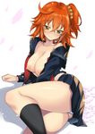  akishima_kei bad_id bad_pixiv_id black_legwear blush breasts collarbone cosplay eyebrows_visible_through_hair fate/extra fate/extra_ccc fate/grand_order fate_(series) fujimaru_ritsuka_(female) hair_ornament hair_scrunchie kishinami_hakuno_(female) kishinami_hakuno_(female)_(cosplay) kneehighs medium_breasts nipples off_shoulder open_clothes orange_hair orange_scrunchie panties school_uniform scrunchie serafuku short_hair side_ponytail skirt smile solo tsukumihara_academy_uniform_(fate/extra_ccc) underwear white_panties yellow_eyes 