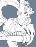  abs anthro bathym bulge butt canine looking_at_viewer male mammal monochrome muscular pecs rear_view simamanta simple_background solo tokyo_afterschool_summoners wolf 