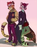  akitamonster anthro blue_eyes cheetah clothed clothing duo feline fur male mammal spots spotted_fur standing tiger 