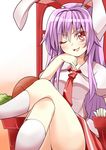  :3 ;d aki_chimaki animal_ears bangs blush bunny_ears chair chin_rest collared_shirt crossed_legs eyebrows_visible_through_hair hair_between_eyes kneehighs long_hair looking_at_viewer necktie one_eye_closed open_mouth puffy_short_sleeves puffy_sleeves purple_hair red_eyes red_neckwear red_skirt reisen_udongein_inaba shirt short_sleeves sidelocks sitting skirt smile solo touhou v-shaped_eyebrows white_shirt 