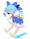  1girl absurdres barefoot blue_bow blue_dress blue_eyes blue_hair bow cirno commentary dress flower hair_bow hidden_star_in_four_seasons highres ice ice_wings op_na_yarou plant short_sleeves sketch solo sunflower tan tanned_cirno touhou vines wings 