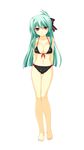  aqua_hair arms_behind_back ass_visible_through_thighs bangs bare_legs bare_shoulders barefoot beatmania beatmania_iidx bikini blunt_ends blush bow breasts cleavage collarbone eyebrows_visible_through_hair front-tie_top full_body hair_bow halter_top halterneck highres kanzaki_saya kinoshita_ichi long_hair looking_at_viewer medium_breasts navel purple_eyes simple_background smile solo standing strap_gap swimsuit thigh_gap white_background 