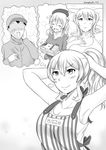  1girl =3 alternate_costume alternate_hairstyle apron beret casual comic commentary english_commentary greyscale hat highres imagining kantai_collection kashima_(kantai_collection) monochrome obentou ponytail robba-san_(wangphing) tank_top twintails tying_hair wangphing 