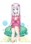  amemiya_ruki aqua_eyes bangs barefoot blue_eyes blush closed_mouth commentary_request copyright_name eromanga_sensei eyebrows_visible_through_hair frills hands_on_own_chest highres holding izumi_sagiri long_hair looking_at_viewer pajamas silver_hair sitting sitting_on_pillow smile soles solo stylus tareme toes transparent_background 