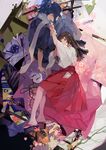  1girl arrow black_hair brown_hair female_saniwa_(touken_ranbu) fox_mask hakama japanese_clothes katana lying mask mask_removed miko nineo on_side ponytail purple_eyes sandals saniwa_(touken_ranbu) scarf sheath sheathed sitting sword touken_ranbu weapon yamato-no-kami_yasusada 