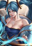 absurdres aqua_eyes aqua_hair blonde_hair breasts cleavage collarbone dress green_eyes green_hair highres large_breasts league_of_legends light_smile lips long_hair looking_at_viewer multicolored_hair shiny shiny_hair shiny_skin solo sona_buvelle tied_hair twintails upper_body yus 