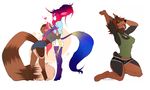  2017 anthro armpits breasts brown_hair canine clothed clothing doberman dog duo equine female fur geekidog hair hooves horn kneeling mammal multicolored_fur multicolored_har multicolored_tail open_mouth purple_eyes red_panda shirt shorts simple_background tank_top tongue tongue_out two_tone_fur unicorn white_background yawn 