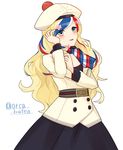  belt beret blonde_hair blue_eyes blue_hair commandant_teste_(kantai_collection) cowboy_shot double-breasted flower hair_flower hair_ornament hat kantai_collection long_hair multicolored multicolored_clothes multicolored_hair multicolored_scarf pom_pom_(clothes) red_hair scarf simple_background solo streaked_hair white_background white_hair yamashiki_(orca_buteo) 
