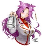  alcohol beer breasts dated grin jun'you_(kantai_collection) kantai_collection kasu_kazu large_breasts long_hair looking_at_viewer magatama one_eye_closed purple_eyes purple_hair signature simple_background smile solo upper_body white_background 