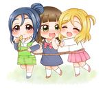  :d ^_^ bangs black_hair blonde_hair blue_footwear blue_hair blunt_bangs blush chibi clenched_hand closed_eyes commentary_request dress green_eyes hair_bun hand_to_own_mouth happy_party_train kurosawa_dia long_sleeves love_live! love_live!_sunshine!! matsuura_kanan mole mole_under_mouth multiple_girls noramaru_(norarara821) ohara_mari one_side_up open_mouth overalls pink_footwear pink_skirt pleated_skirt purple_eyes red_footwear rope rope_train shoes short_over_long_sleeves short_sleeves skirt smile whistle white_legwear younger 