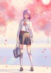  asanogawa_(tutufcc) bag black_skirt blurry blurry_background cherry_blossoms closed_mouth fate/stay_night fate_(series) full_body hair_ribbon highres holding holding_bag looking_at_viewer matou_sakura petals pleated_skirt purple_eyes purple_hair ribbon school_uniform shadow short_hair skirt smile solo thighhighs white_legwear zettai_ryouiki 