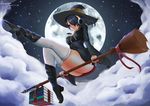  artist_name black_dress black_footwear black_hair black_legwear book_stack boots broom broom_riding cloud dated dress emperor_penguin_(kemono_friends) from_side full_moon guanyu hair_over_one_eye hat headphones highres kemono_friends long_sleeves moon multicolored_hair night night_sky number outdoors parted_lips red_hair sidesaddle sky smile solo streaked_hair thighhighs white_legwear witch witch_hat 