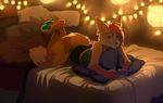  akitamonster anthro bed blue_eyes blue_nose canine clothed clothing controller detailed_background female flufy_tail fox game_controller inner_ear_fluff lying mammal on_bed pawpads smile 