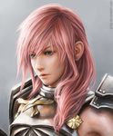  armor bangs blue_eyes breastplate commentary english_commentary final_fantasy final_fantasy_xiii final_fantasy_xiii-2 gorget grey_background jason_peng lightning_farron long_hair looking_to_the_side pink_hair portrait shoulder_armor solo spaulders swept_bangs watermark web_address 