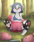  blue_hair blushed breasts cat clothing feline female forest hair invalid_tag krayboost legwear mammal melee_weapon nipples paws piercing slime sword tights tree weapon 