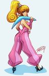  armor bangs blonde_hair boomerang eyebrows_visible_through_hair from_behind full_body harem_pants high_heels highres japanese_armor kote leotard long_hair over_shoulder pants pink_leotard pointy_ears pointy_shoes ponytail primm robert_porter seiken_densetsu seiken_densetsu_2 shoes signature sketch solo striped vertical-striped_pants vertical_stripes weapon weapon_over_shoulder 