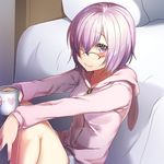  bangs bed bedroom black-framed_eyewear blush breasts closed_mouth commentary_request cup eyebrows_visible_through_hair fate/grand_order fate_(series) from_side glasses hair_over_one_eye hanasaki_mahiru holding holding_cup hood hoodie indoors knees_up looking_at_viewer mash_kyrielight medium_breasts mug over-rim_eyewear pillow purple_eyes purple_hair semi-rimless_eyewear short_hair sitting smile solo 