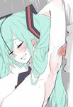  1boy 1girl aqua_hair armpit_licking arms_behind_head bangs bdsm blush breasts clenched_teeth crying detached_collar eyebrows_visible_through_hair eyes_closed facial_hair hair_bow hatsune_miku koutamii large_breasts licking long_hair necktie necktie_between_breasts nose_hook nude saliva_trail simple_background stubble tongue_out twintails vocaloid 