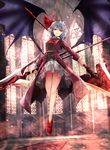  alternate_costume blue_hair bow coat commentary_request cravat dual_wielding fire full_body highres holding long_coat long_sleeves looking_at_viewer older open_clothes open_coat open_mouth red_eyes remilia_scarlet short_hair sinkai smile solo spear_the_gungnir touhou wings 